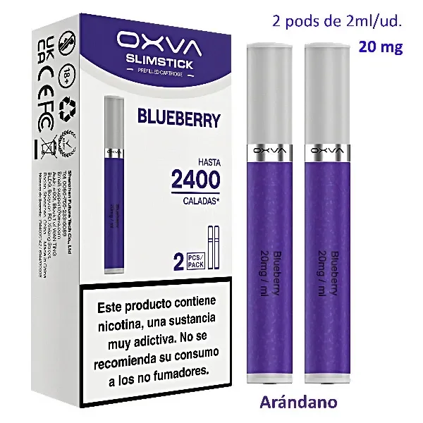 Pods OXVA SlimStick Blueberry de 20 mg/ml, con cuerpo violeta y cubierta gris, junto a su caja con advertencia sobre nicotina.