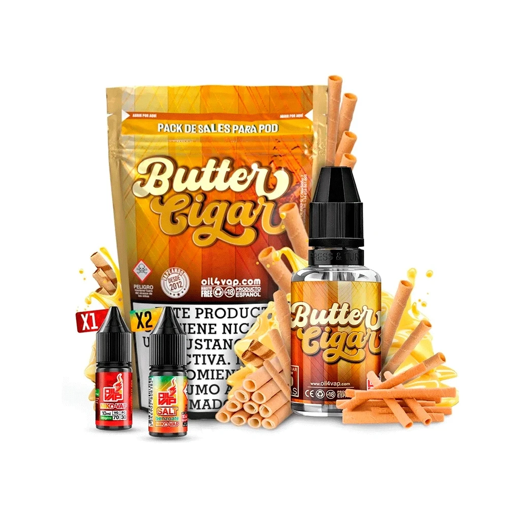 Presentación de Butter Cigar de Oil4vap con bolsa naranja, frascos de distintos tamaños y dibujos de barquillos y mantequilla.