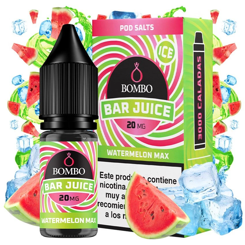 Frasco y caja Watermelon Max Ice Bar Juice de Bombo, con etiqueta de 20 mg y diseño rosa y verde, rodeados de sandía y hielo.