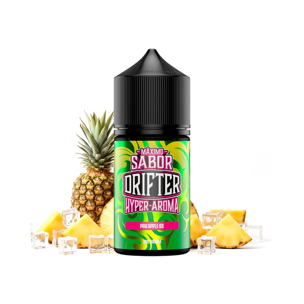 Frasco Drifter Hyper Pineapple Ice con tapón negro y etiqueta verde, rodeado de piña en trozos y cubitos de hielo.