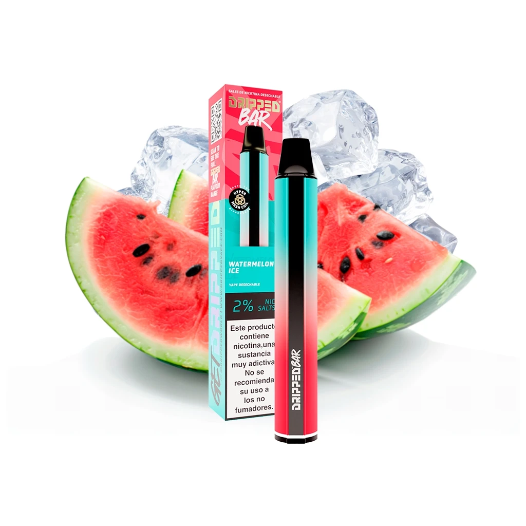 Vapeador Dripped Bar Watermelon Ice junto a su caja, con cuerpo turquesa y rojo y boquilla negra, ante rodajas de sandía y hielo.
