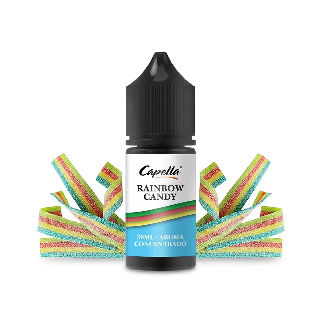 Frasco de aroma Rainbow Candy de Capella de 30 ml, con tapón negro y cintas de golosina multicolores alrededor.