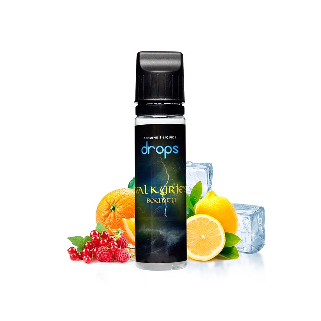 Frasco Drops Valkyries Bounty con tapón negro y etiqueta oscura, rodeado de cítricos, frutos rojos y cubitos de hielo.