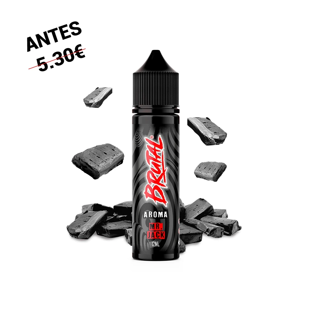 Frasco negro de aroma Brutal Mr. Jack de 12 ml, con letras rojas y blancas, rodeado de piezas oscuras sobre fondo blanco.