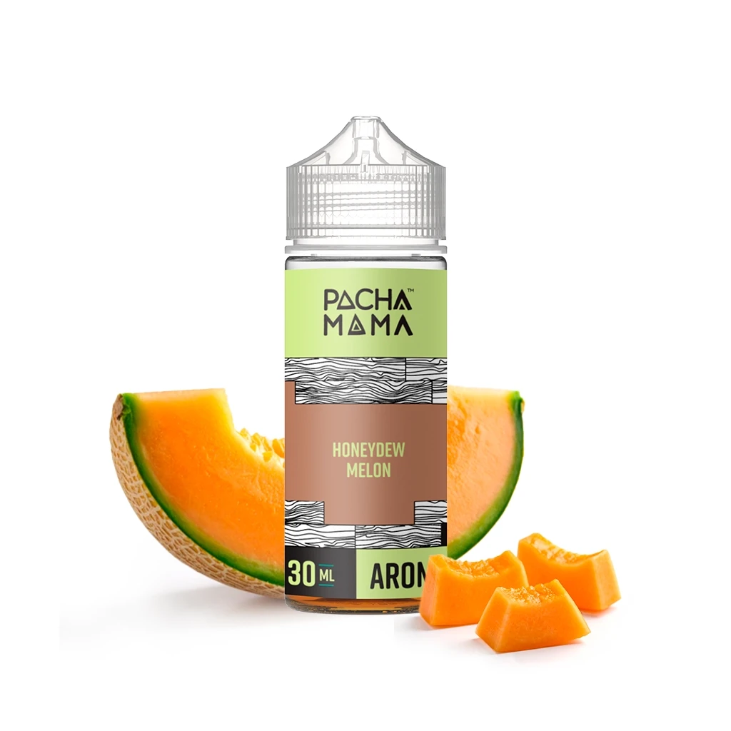 Botella Pachamama Honeydew Melon de 30 ml con tapón transparente, rodeada de rodajas y trozos de melón de pulpa naranja.