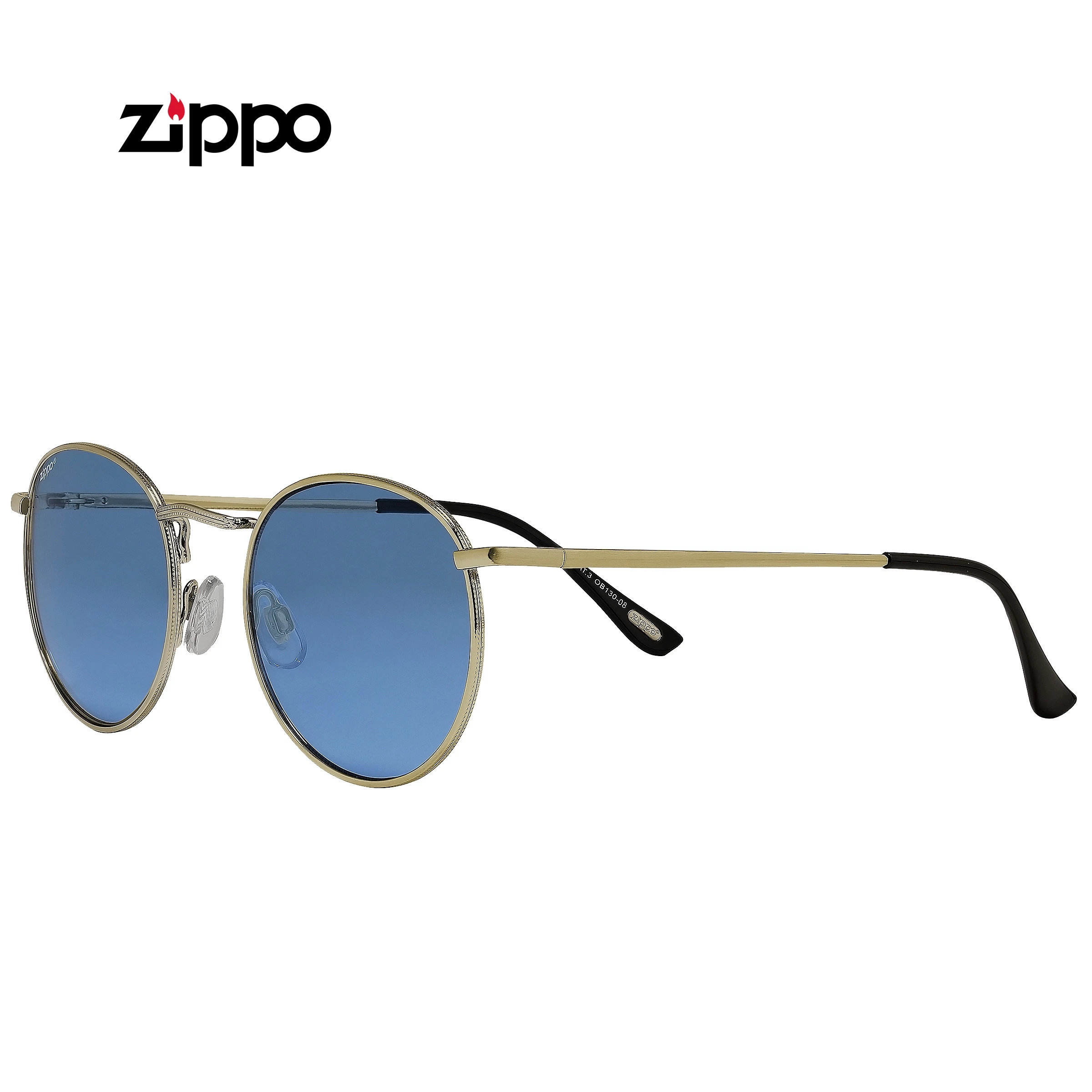 Gafas de sol OB130-08 Zippo con lentes redondas azules, montura fina dorada y terminales negros, vistas en perspectiva.