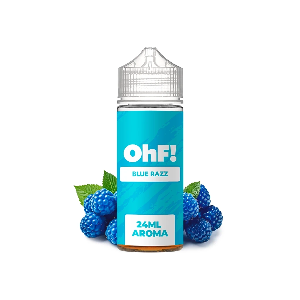 Frasco OhF! Blue Razz con etiqueta turquesa que indica 24 ml de aroma, tapón transparente y frutos azules alrededor.