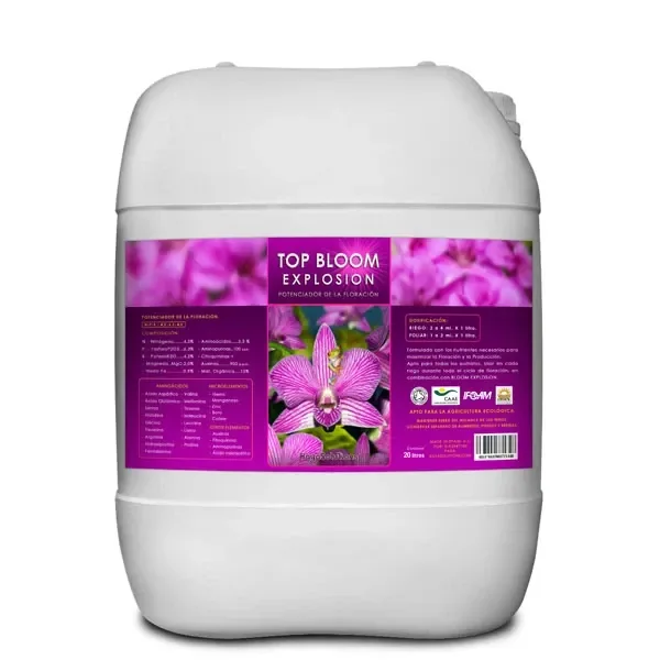 Bidón blanco de Top Bloom Explosion con etiqueta magenta, una orquídea en el centro y textos informativos a los lados.