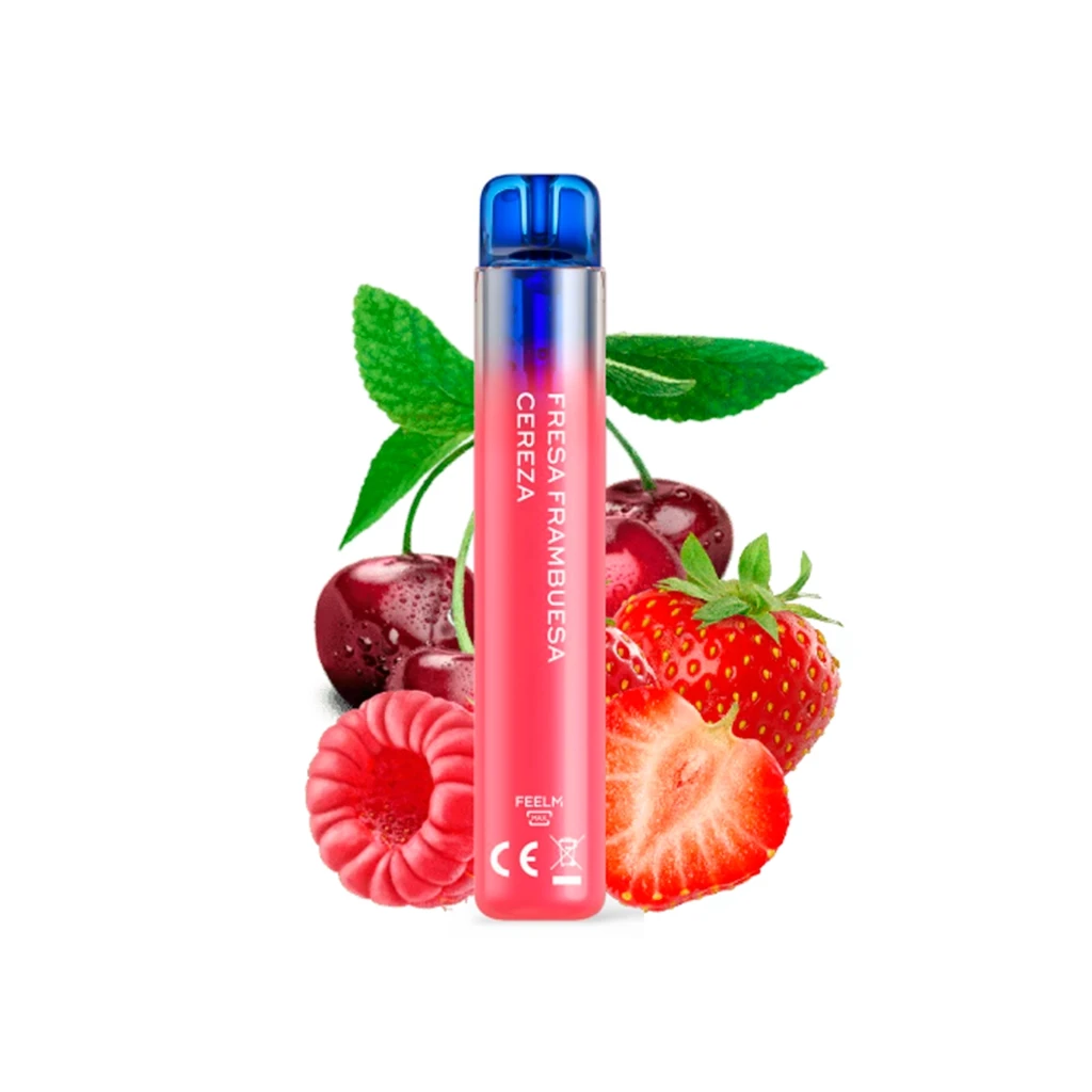 Vapeador Vozol Neon rosa con boquilla azul y texto «Fresa Frambuesa Cereza», rodeado de estas frutas sobre fondo blanco. Vapeador Vozol Neon rosa con boquilla azul y texto «Fresa Frambuesa Cereza», rodeado de estas frutas sobre fondo blanco.