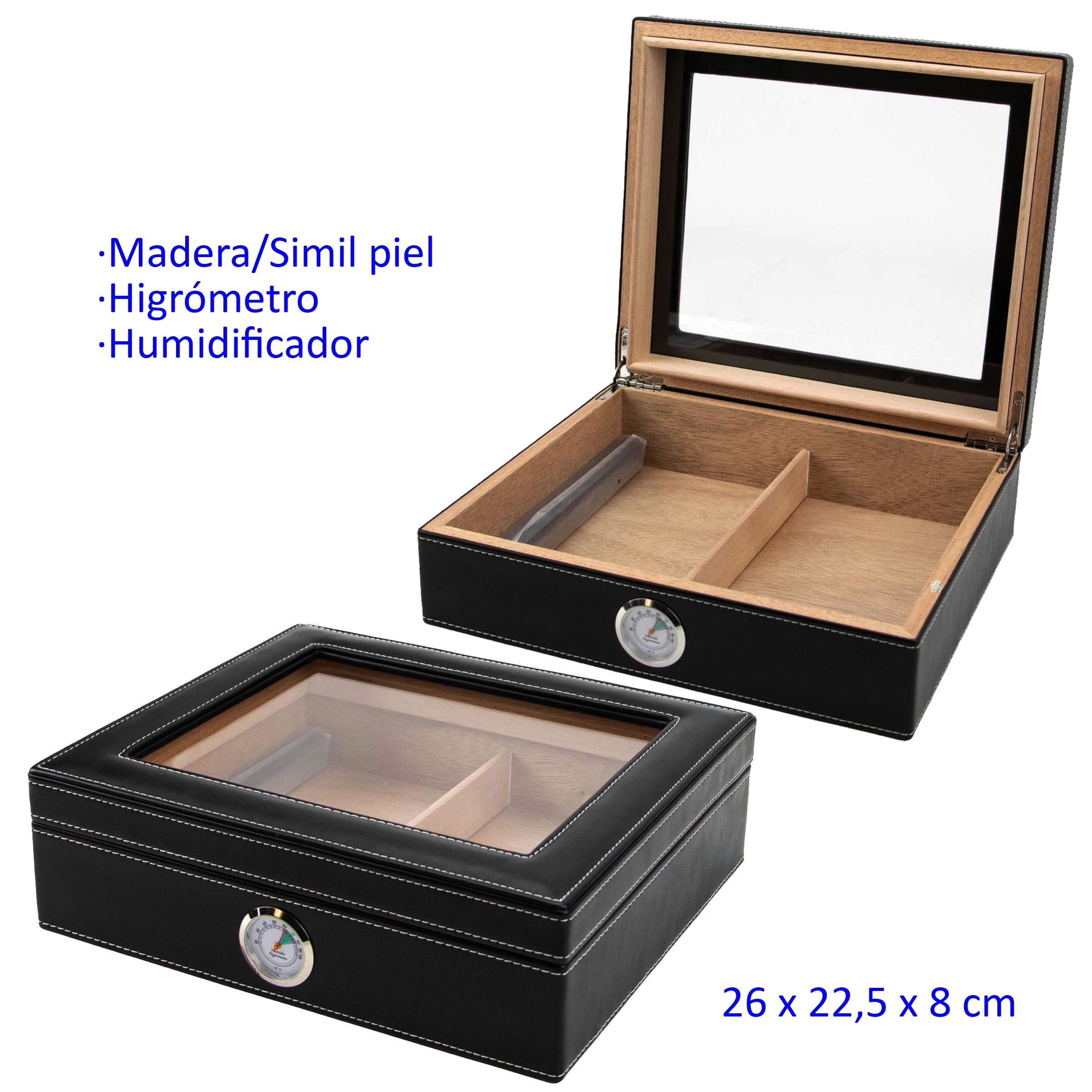 Humidor negro mostrado abierto y cerrado, con ventana en la tapa, higrómetro frontal e interior de madera con separador y humidificador. Humidor negro mostrado abierto y cerrado, con ventana en la tapa, higrómetro frontal e interior de madera con separador y humidificador.