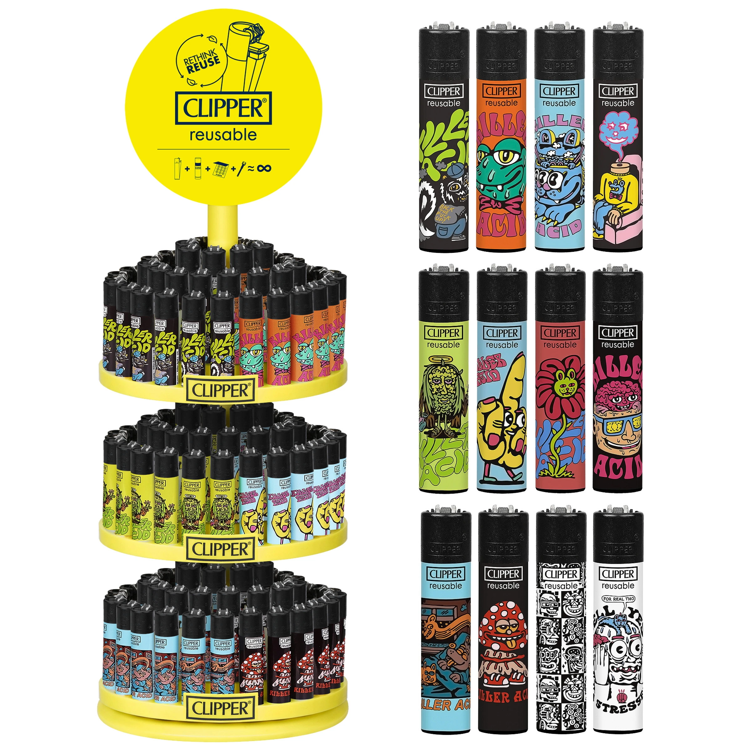 Carrusel amarillo Clipper con varios niveles de encendedores y selección de diseños Killer Acid ampliados a la derecha.