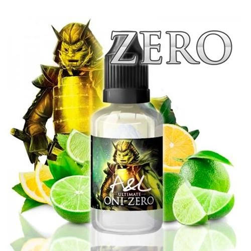 Frasco A&L Ultimate Oni Zero con tapón negro, rodeado de limas y limones, con un guerrero ilustrado y el texto ZERO al fondo.