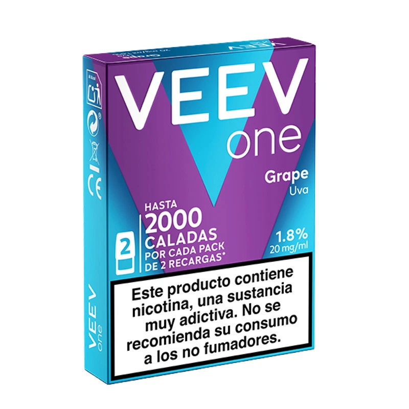 Caja turquesa y morada de VEEV One Uva, con indicación de dos recargas, 20 mg/ml y advertencia sobre la nicotina en español.