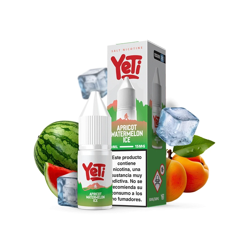 Frasco y caja de sales de nicotina Yeti Apricot Watermelon Ice, rodeados de sandía, albaricoques y cubitos de hielo sobre fondo blanco.