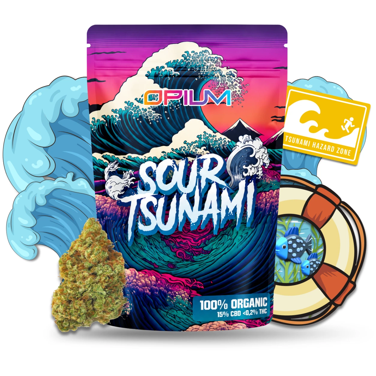 Bolsa Opium Sour Tsunami con ilustraciones de olas, junto a un cogollo, un salvavidas y un cartel amarillo de peligro de tsunami.
