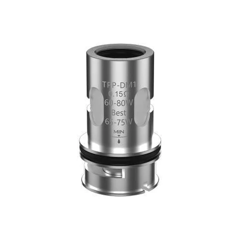Resistencia VOOPOO TPP-DM1 plateada, con junta negra y grabado de 0,15 Ω, rango de 60–80 W y recomendado de 65–75 W.