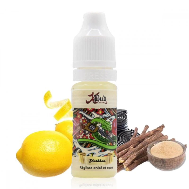 Frasco de líquido XBUD Sherkhan con tapón blanco, rodeado de limón, espirales negras, raíces y un cuenco con polvo.
