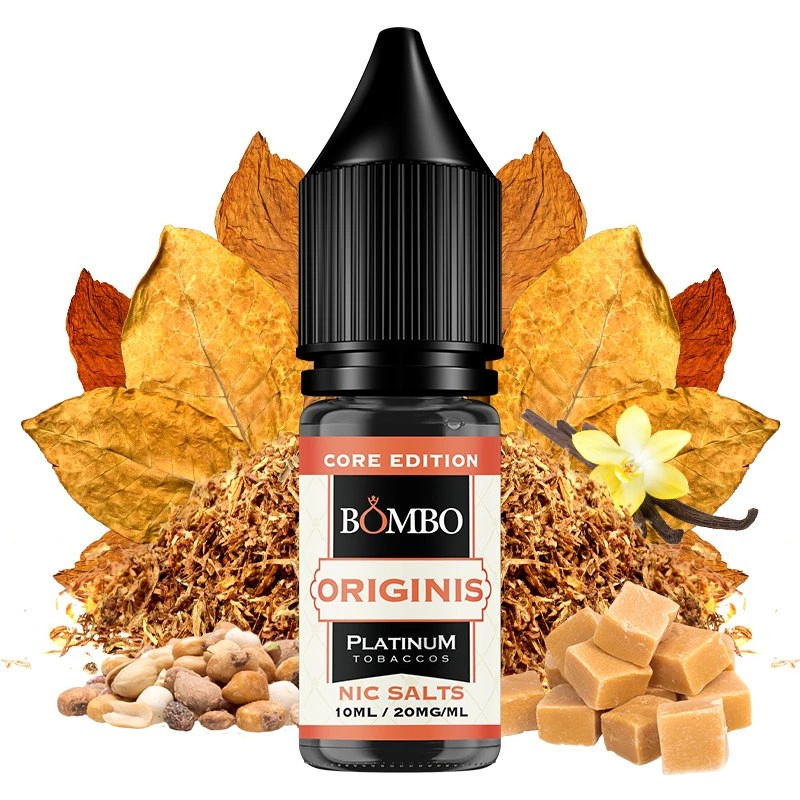 Frasco Bombo Originis Nic Salts, etiquetado 10 ml y 20 mg/ml, rodeado de hojas de tabaco, frutos secos, vainilla y dados dorados.