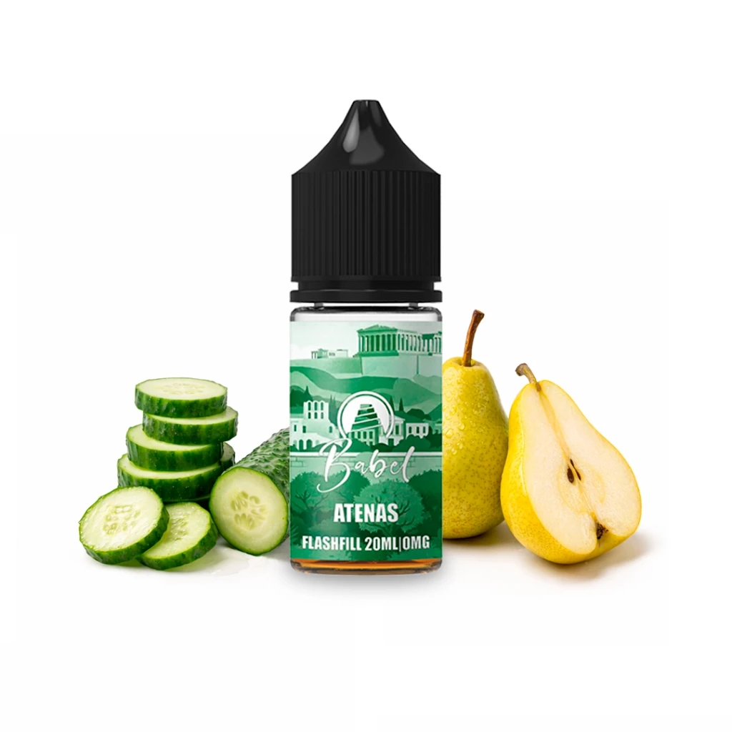 Frasco Babel Atenas Flashfill con tapón negro y etiqueta verde ilustrada, acompañado de rodajas de pepino y pera entera y cortada.
