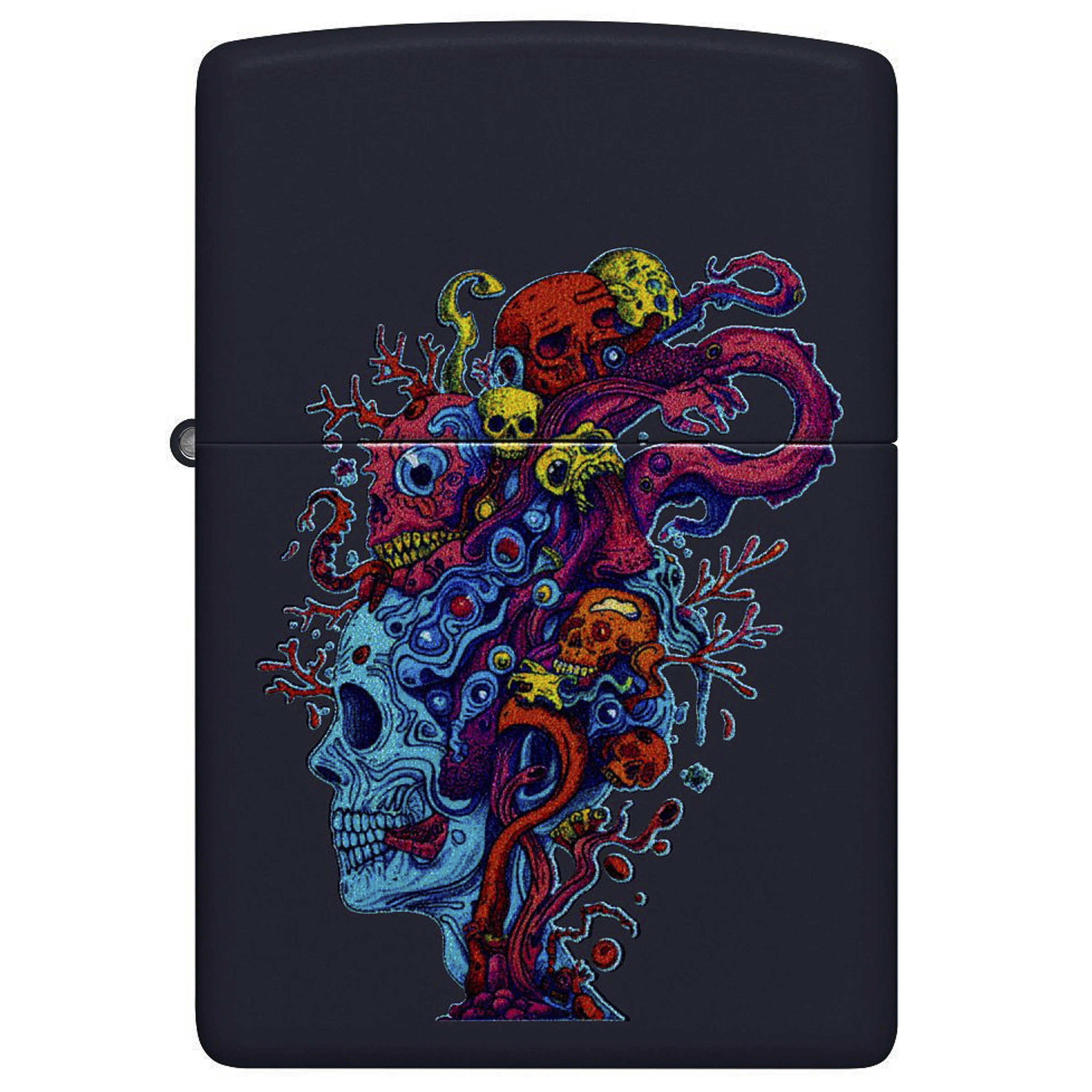 Encendedor Zippo 239 Skull Design negro y cerrado, decorado con una calavera azul y motivos multicolores de cráneos y tentáculos.