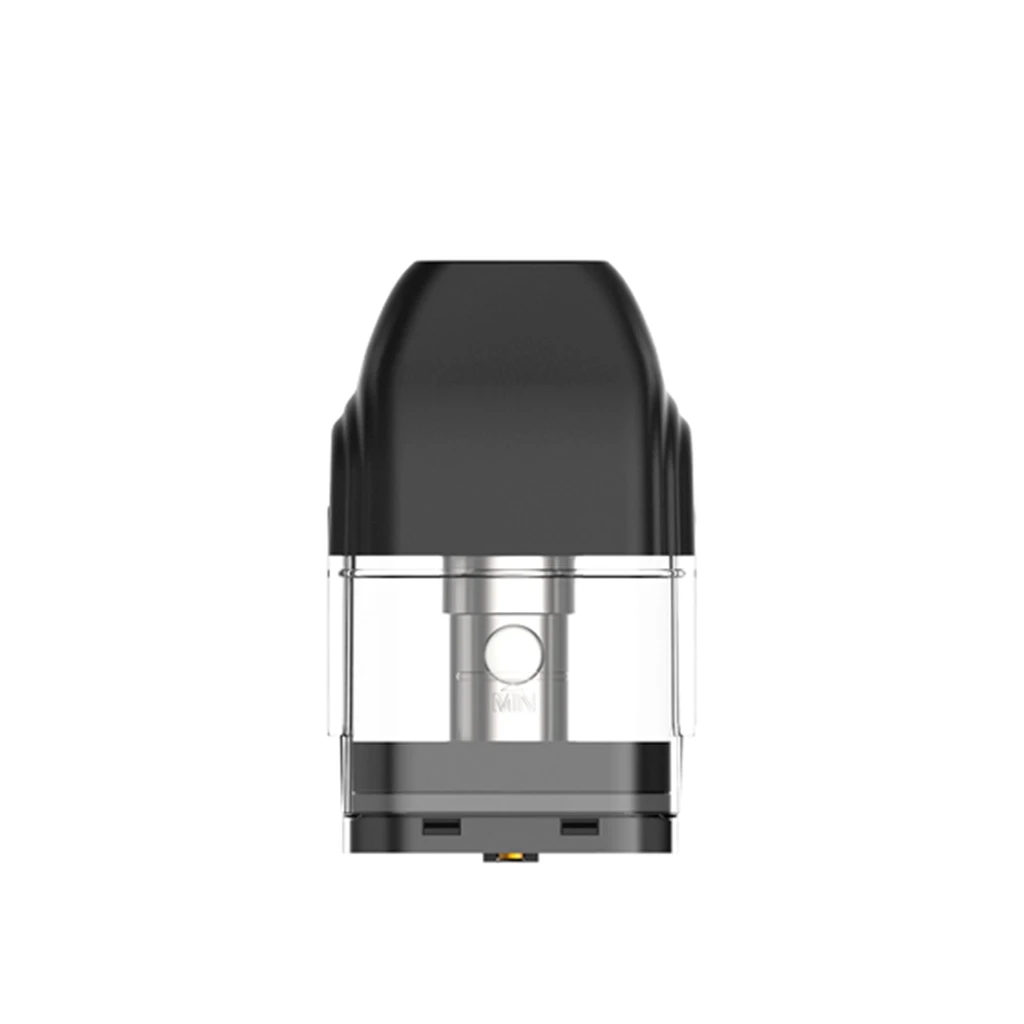 Cartucho de recambio Uwell Caliburn con boquilla negra, depósito transparente y pieza metálica central, visto de frente sobre fondo blanco.