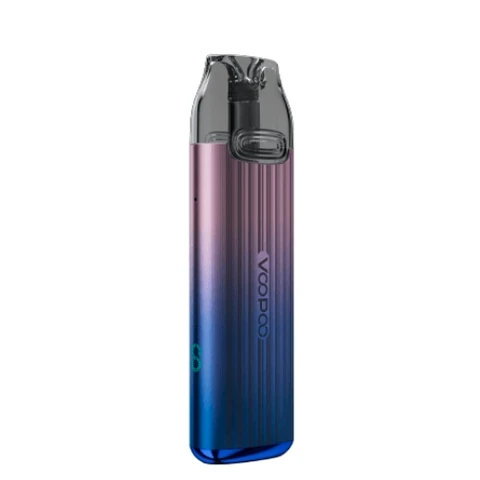 Voopoo Vmate Infinity Pod Kit con cuerpo estriado en degradado de rosa a azul, logotipo vertical y boquilla oscura translúcida. Voopoo Vmate Infinity Pod Kit con cuerpo estriado en degradado de rosa a azul, logotipo vertical y boquilla oscura translúcida.