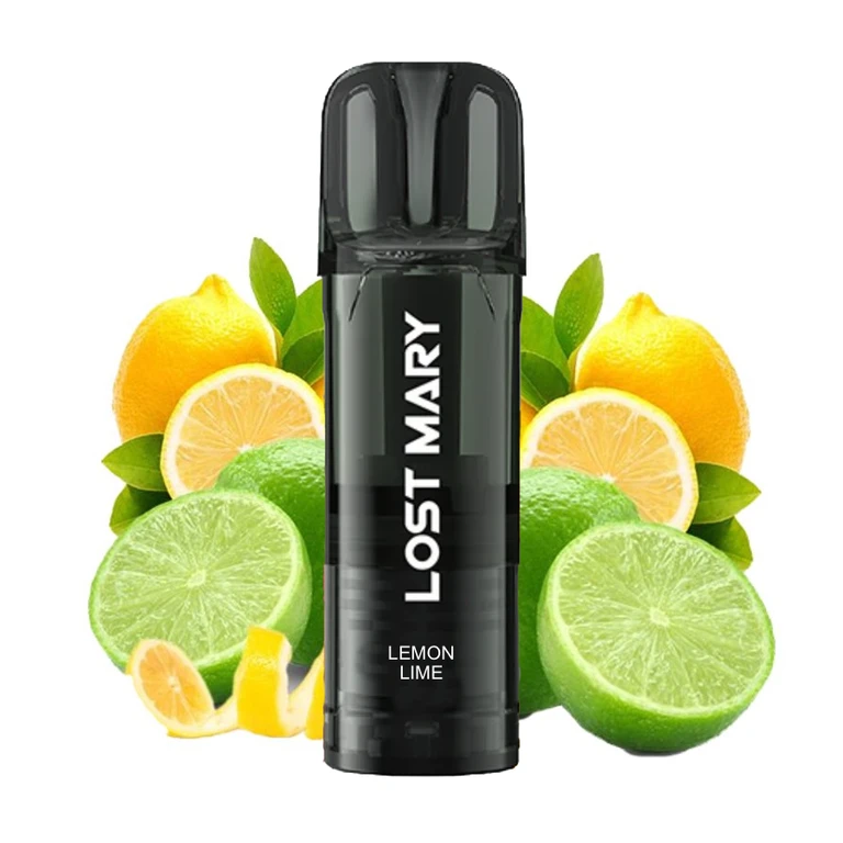 Dispositivo negro Lost Mary con boquilla oscura e inscripción Lemon Lime, rodeado de limones y limas enteros y cortados sobre fondo blanco.