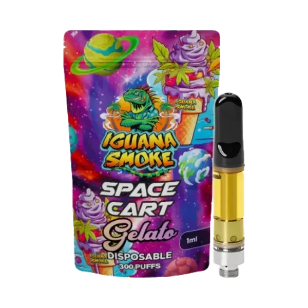 Cartucho Gelato de Iguana Smoke con boquilla negra y líquido amarillo, junto a un envase multicolor rotulado Space Cart y 1 ml.