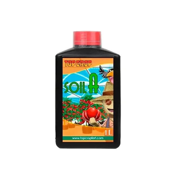 Botella negra de Soil A de Top Crop con tapón rojo y etiqueta multicolor ilustrada con tomates y un espantapájaros; formato de 1 L. Botella negra de Soil A de Top Crop con tapón rojo y etiqueta multicolor ilustrada con tomates y un espantapájaros; formato de 1 L.