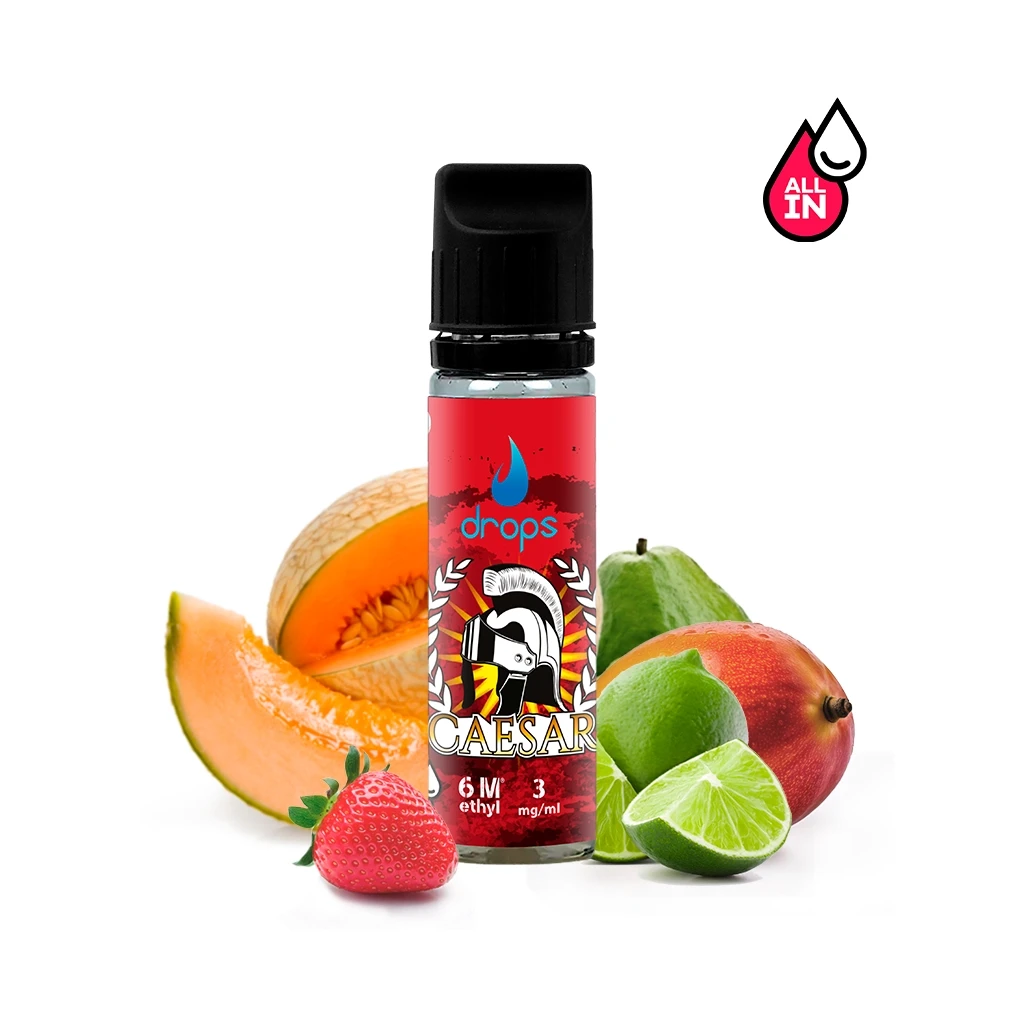 Frasco de e-líquido Drops Caesar con tapón negro y etiqueta roja, rodeado de melón, fresa, lima y otras frutas; logotipo All In arriba.