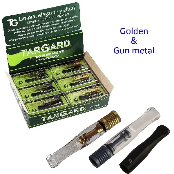 Expositor de boquillas Tar Gard Permanent y piezas desmontadas en primer plano, con acabados dorado y gris metálico indicados en el texto.