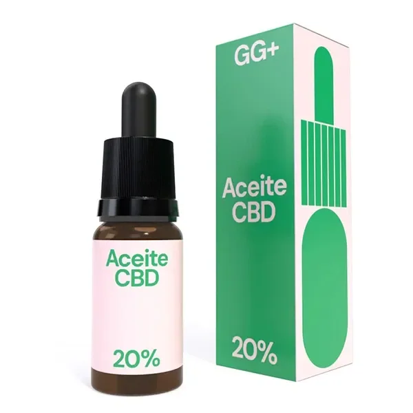 Aceite CBD GG+ al 20 % en frasco oscuro con cuentagotas negro, junto a su caja verde y rosa sobre fondo blanco.