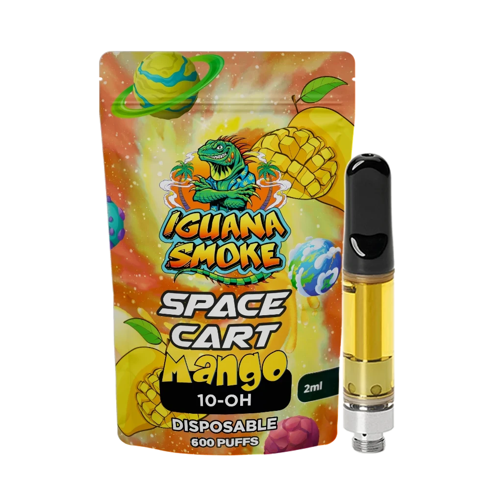 Cartucho Space Mango 10-OH de Iguana Smoke con líquido amarillo y boquilla negra, junto a una bolsa ilustrada que indica 2 ml.