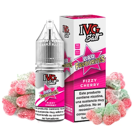 Frasco y caja IVG Bar Favourites Fizzy Cherry en rosa y blanco, rodeados de golosinas azucaradas rojas y verdes.