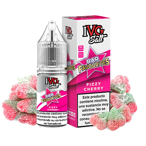 Frasco y caja IVG Bar Favourites Fizzy Cherry en rosa y blanco, rodeados de golosinas azucaradas rojas y verdes.