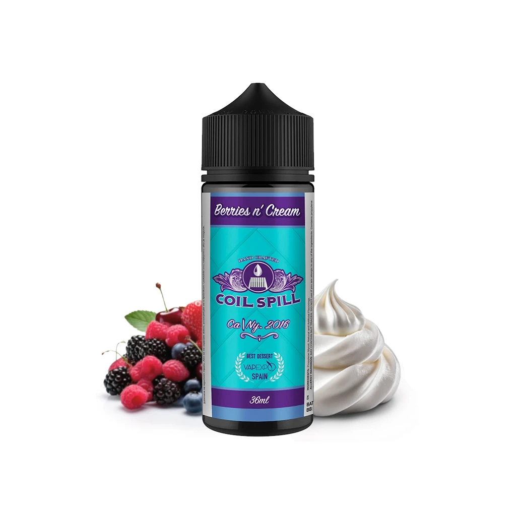 Botella Coil Spill Berries n’ Cream de 36 ml con tapón negro y etiqueta turquesa y morada, junto a frutos rojos y una espiral de crema.