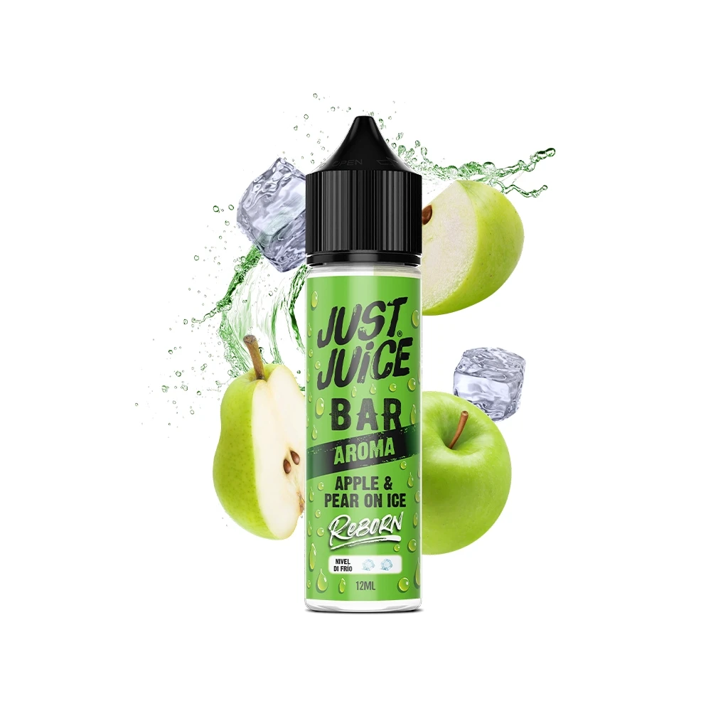 Frasco Just Juice Reborn Apple Pear On Ice con etiqueta verde y tapón negro, rodeado de manzana, pera, cubitos de hielo y salpicaduras.