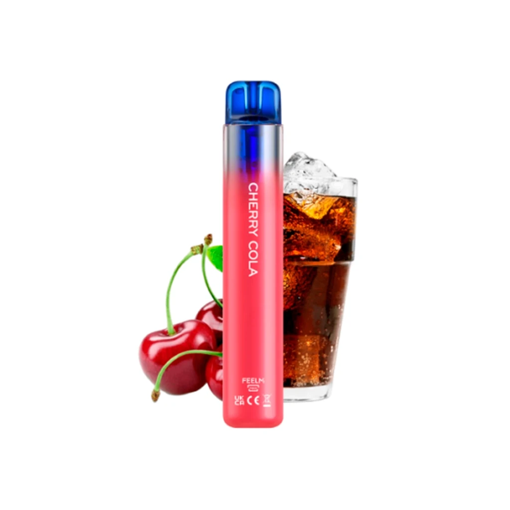 Vapeador Vozol Neon Cherry Cola de cuerpo rosa y boquilla azul, junto a cerezas y un vaso de refresco oscuro con hielo. Vapeador Vozol Neon Cherry Cola de cuerpo rosa y boquilla azul, junto a cerezas y un vaso de refresco oscuro con hielo.