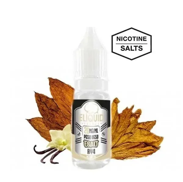 Frasco Eliquid France RY4 E-Salt con tapón blanco, rodeado de hojas de tabaco, una flor y vainas de vainilla, junto al rótulo «Nicotine Salts».