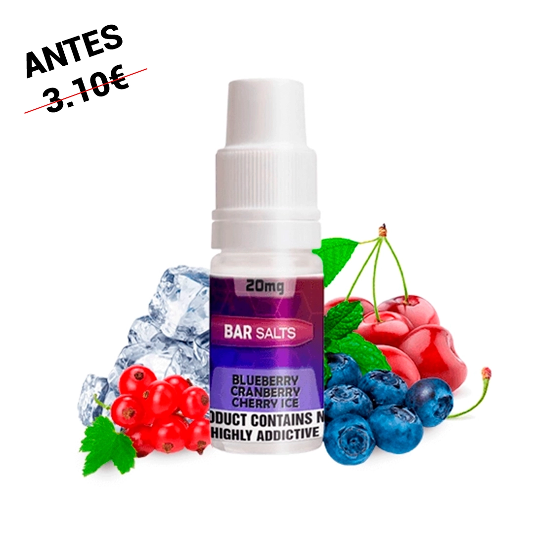 Frasco de Bar Salts Blueberry Cranberry Cherry Ice con etiqueta de 20 mg, rodeado de frutos rojos, arándanos, cerezas y hielo.