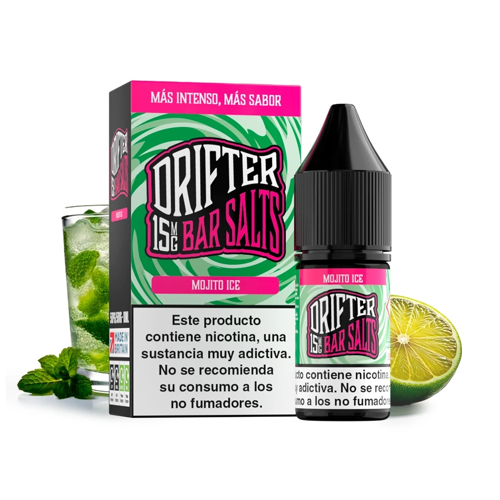 Caja y frasco Drifter Bar Salts Mojito Ice de 15 mg, con diseño verde y rosa, junto a una lima y un vaso con hojas de menta.