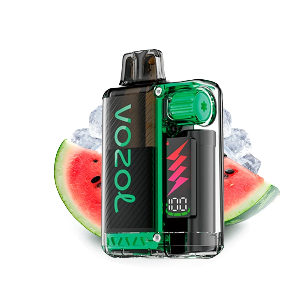 Vozol Vista Plug Watermelon Ice con carcasa transparente verde, boquilla negra y pantalla, ante rodajas de sandía y hielo. Vozol Vista Plug Watermelon Ice con carcasa transparente verde, boquilla negra y pantalla, ante rodajas de sandía y hielo.