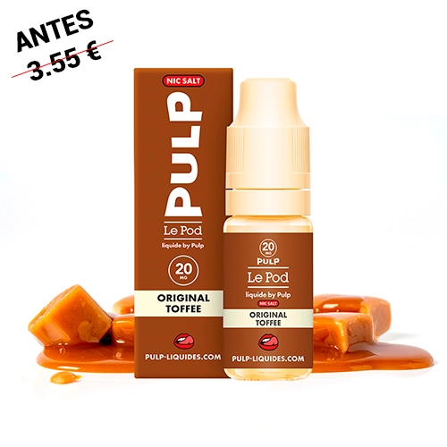 Frasco de Pulp Le Pod Salts Original Toffee junto a su caja marrón, con tapón claro y caramelos sobre caramelo líquido.