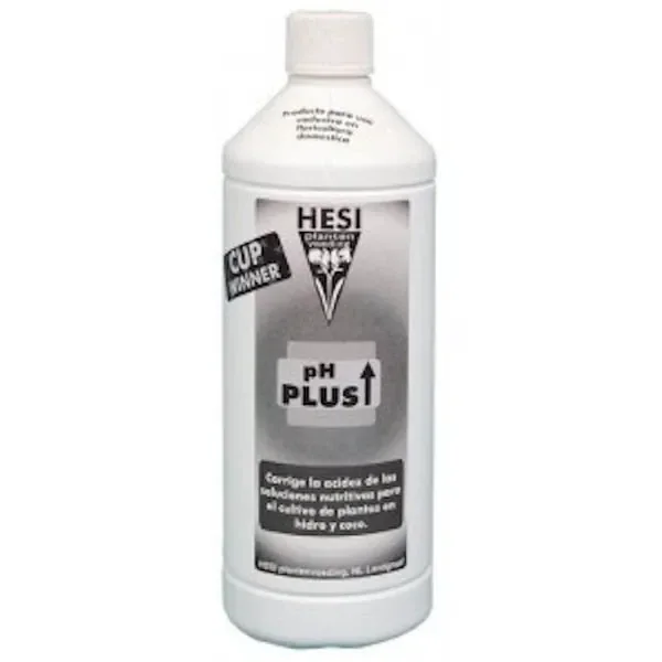Botella blanca de corrector líquido Hesi pH Plus con tapón de rosca y etiqueta gris con una flecha hacia arriba. Botella blanca de corrector líquido Hesi pH Plus con tapón de rosca y etiqueta gris con una flecha hacia arriba.