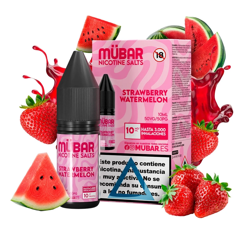Frasco y caja rosa de Mübar Salts Strawberry Watermelon, con etiqueta de 10 mg/ml, rodeados de fresas, sandía y salpicaduras rojas.