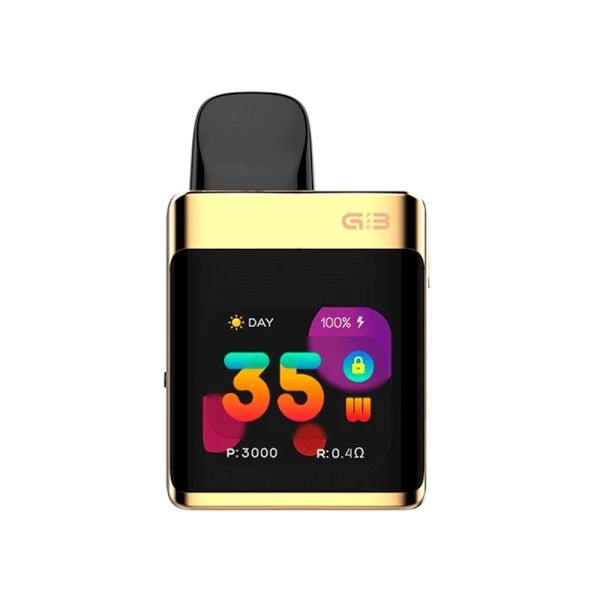 Uwell Caliburn G3 Pro Koko negro con bordes dorados, boquilla superior y pantalla a color que muestra 35 W y batería al 100 %.