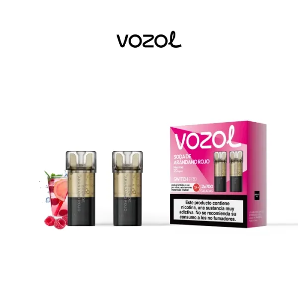 Pods Vozol Switch Pro Soda de Arándano Rojo junto a su caja rosa, con ilustración de bebida y advertencia sobre nicotina.