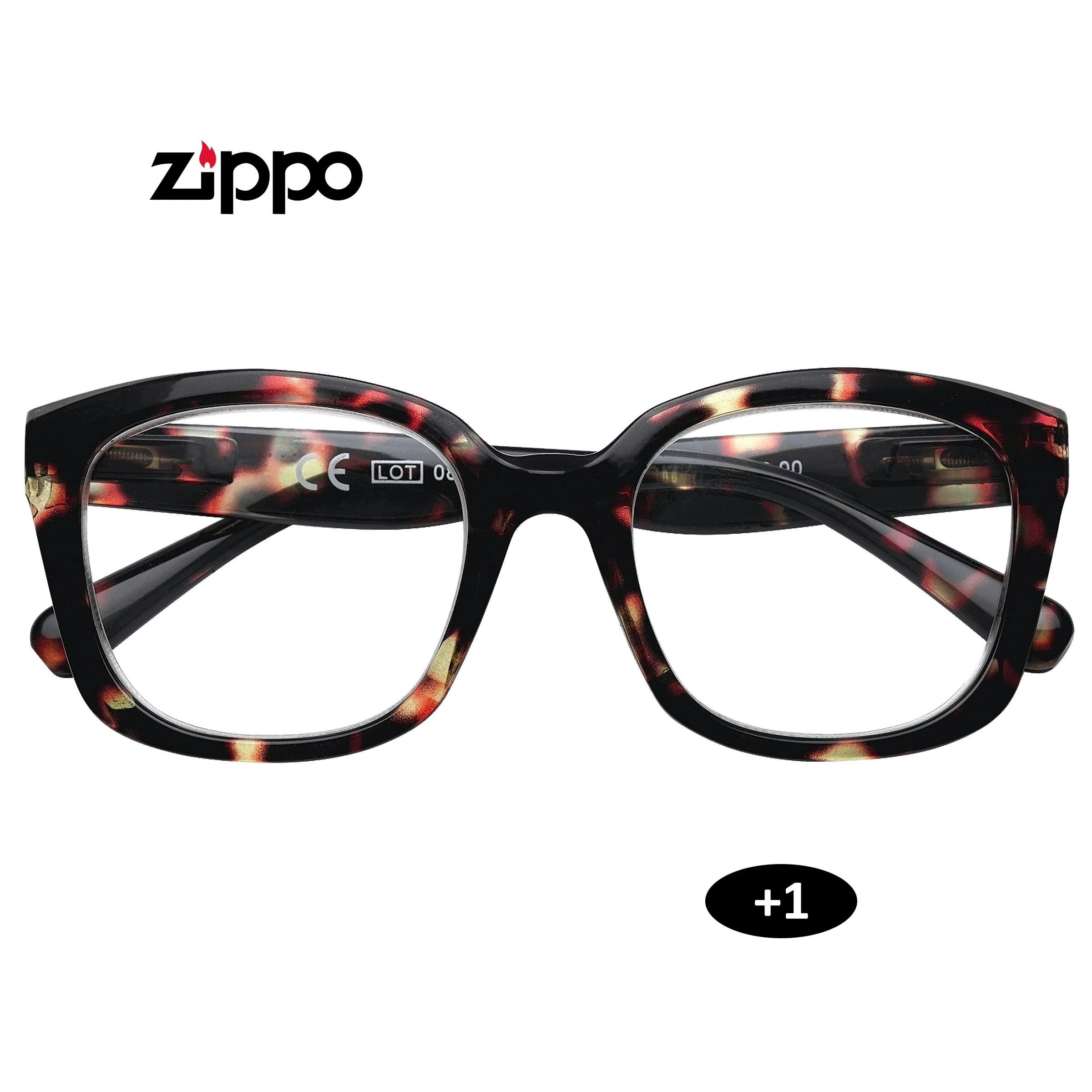 Gafas de lectura Zippo +1.00 vistas de frente, con montura gruesa rectangular de carey oscuro y patillas plegadas sobre fondo blanco.
