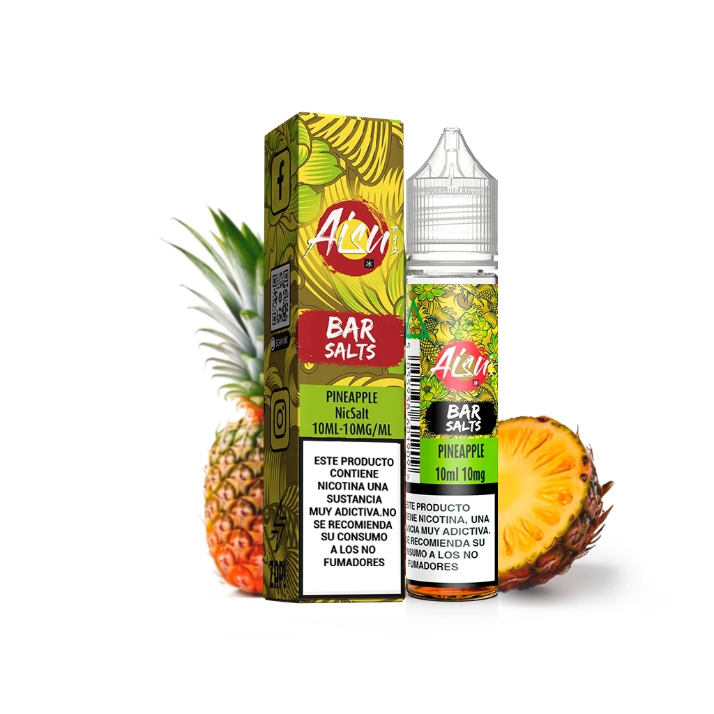 Frasco y caja de Aisu Bar Salts Pineapple, con etiquetas amarillas y verdes, advertencia de nicotina y piña al fondo.