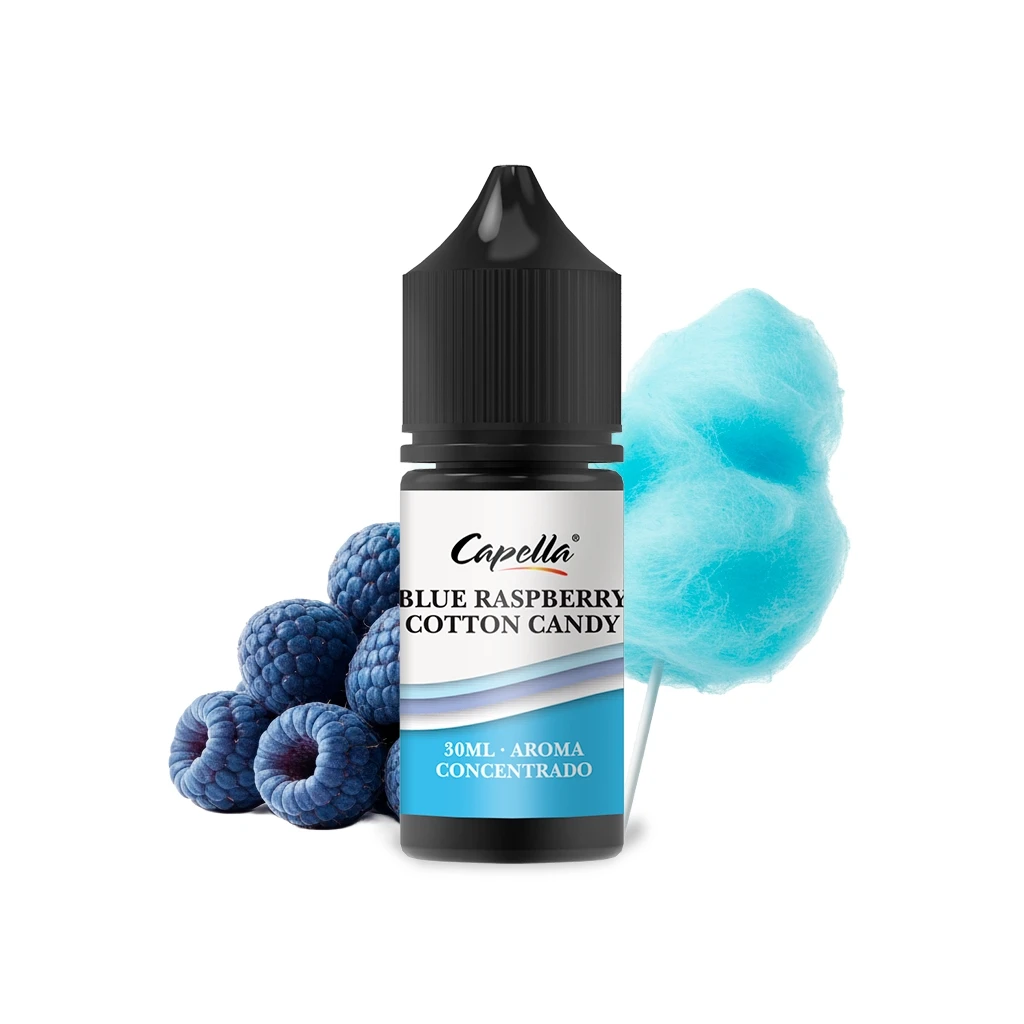 Frasco de Capella Blue Raspberry Cotton Candy de 30 ml con tapón negro, acompañado de frambuesas azules y algodón de azúcar azul.